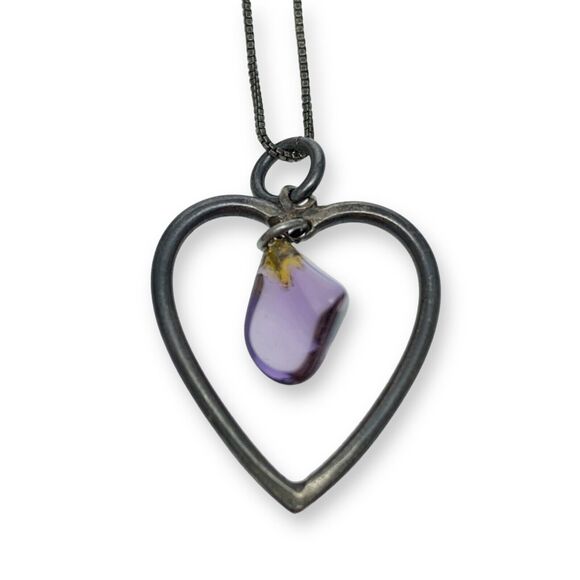 Vintage Sterling Silver 925 Amethyst Gem Dangle Open Heart Pendant ONLY - Picture 1 of 4